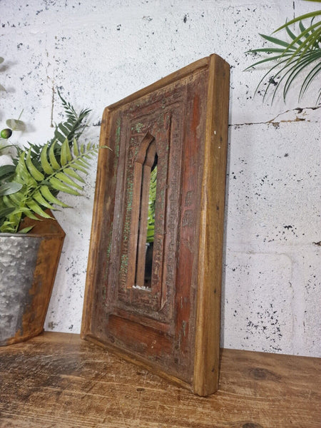 Vintage Rustic Reclaimed Indian Temple Wooden Bathroom Hallway Wall Mirror