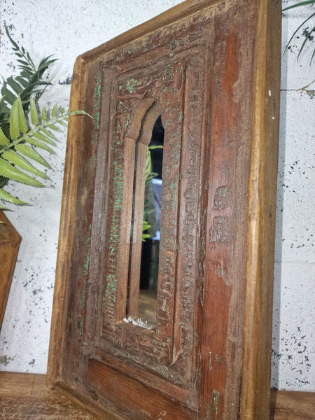 Vintage Rustic Reclaimed Indian Temple Wooden Bathroom Hallway Wall Mirror