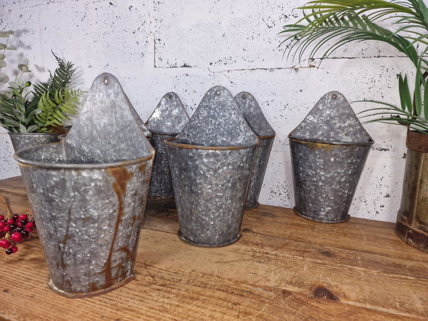 Vintage Rustic Reclaimed Galvanised Half Bucket Wall Planter Plant Pot Garden