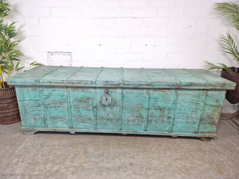 Antique Vintage Indian Reclaimed Solid Wooden Dowry Storage Chest Trunk Ottoman
