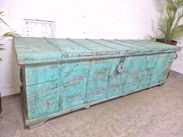Antique Vintage Indian Reclaimed Solid Wooden Dowry Storage Chest Trunk Ottoman