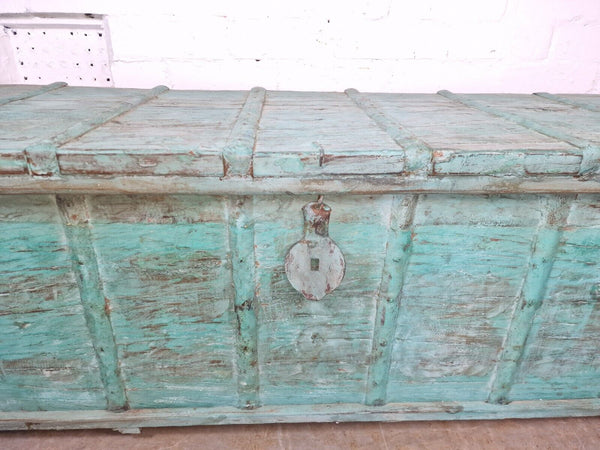 Antique Vintage Indian Reclaimed Solid Wooden Dowry Storage Chest Trunk Ottoman