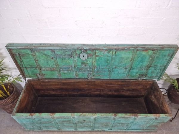 Antique Vintage Indian Reclaimed Solid Wooden Dowry Storage Chest Trunk Ottoman