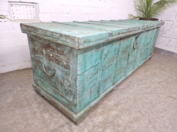 Antique Vintage Indian Reclaimed Solid Wooden Dowry Storage Chest Trunk Ottoman