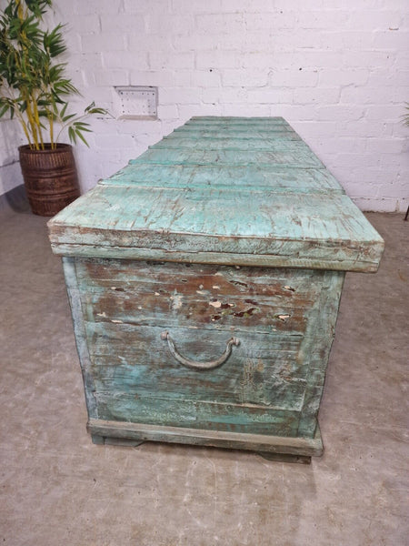 Antique Vintage Indian Reclaimed Solid Wooden Dowry Storage Chest Trunk Ottoman