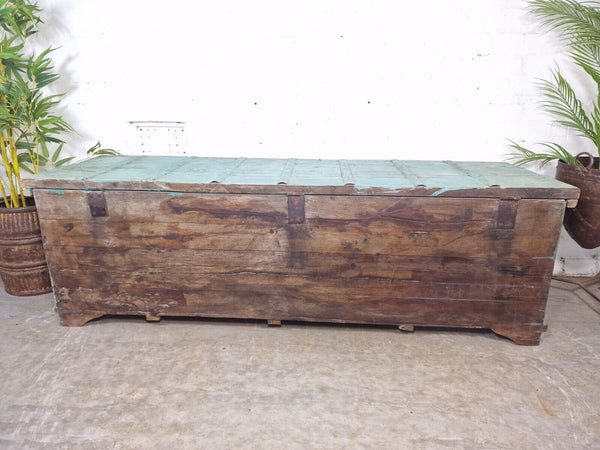 Antique Vintage Indian Reclaimed Solid Wooden Dowry Storage Chest Trunk Ottoman