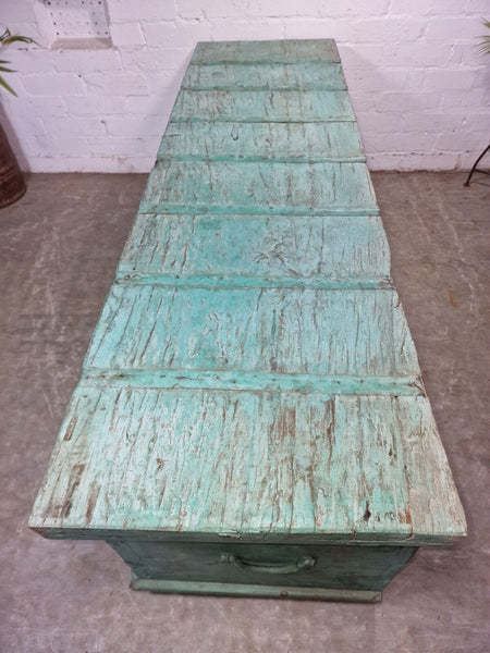 Antique Vintage Indian Reclaimed Solid Wooden Dowry Storage Chest Trunk Ottoman