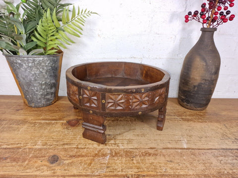 Authentic Indian Hand Carved Solid Wooden Chakki Side Table Plant Stand