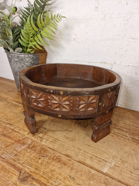 Authentic Indian Hand Carved Solid Wooden Chakki Side Table Plant Stand