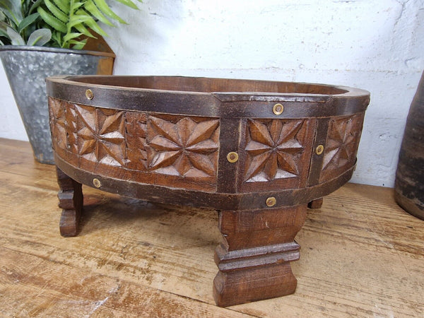 Authentic Indian Hand Carved Solid Wooden Chakki Side Table Plant Stand