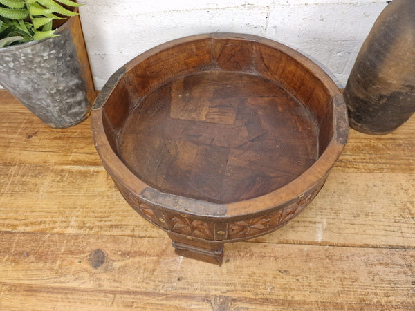 Authentic Indian Hand Carved Solid Wooden Chakki Side Table Plant Stand