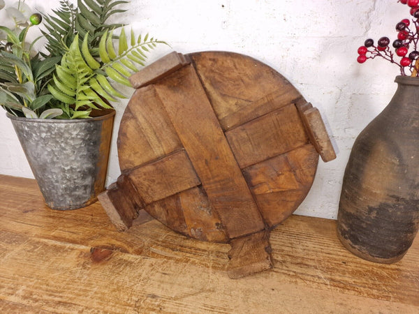 Authentic Indian Hand Carved Solid Wooden Chakki Side Table Plant Stand