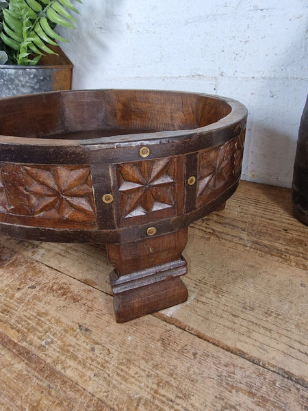 Authentic Indian Hand Carved Solid Wooden Chakki Side Table Plant Stand