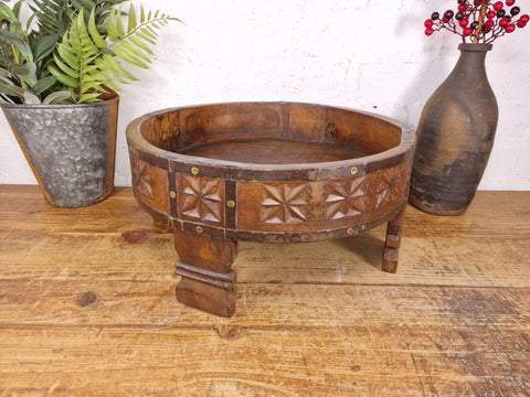 Authentic Indian Hand Carved Solid Wooden Chakki Side Table Plant Stand