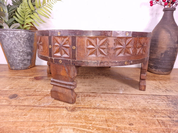 Authentic Indian Hand Carved Solid Wooden Chakki Side Table Plant Stand