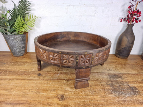 Authentic Indian Hand Carved Solid Wooden Chakki Side Table Plant Stand