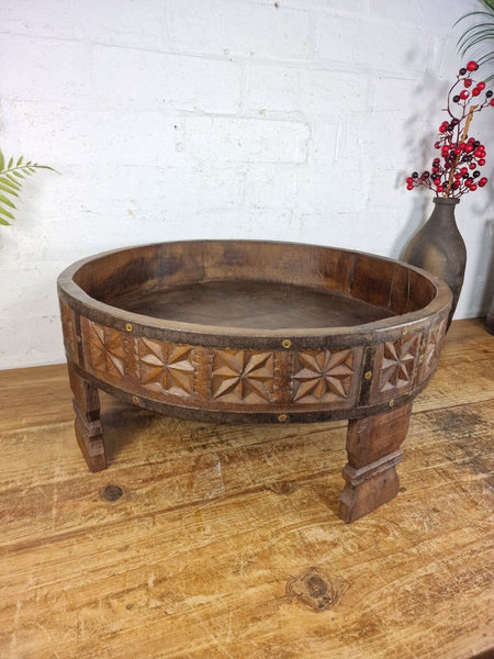 Authentic Indian Hand Carved Solid Wooden Chakki Side Table Plant Stand