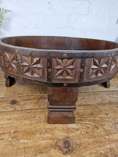 Authentic Indian Hand Carved Solid Wooden Chakki Side Table Plant Stand