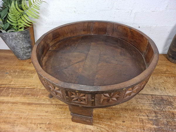 Authentic Indian Hand Carved Solid Wooden Chakki Side Table Plant Stand
