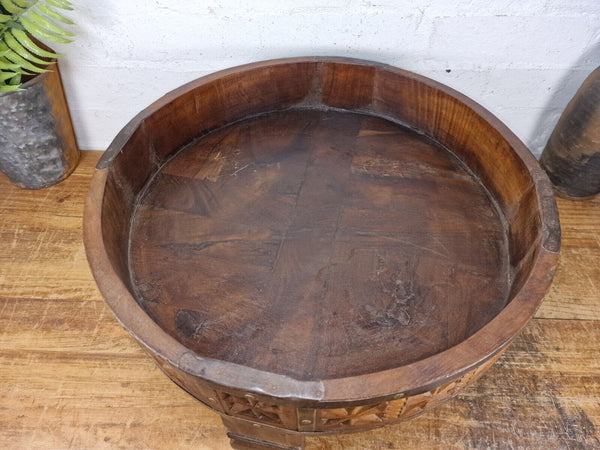 Authentic Indian Hand Carved Solid Wooden Chakki Side Table Plant Stand