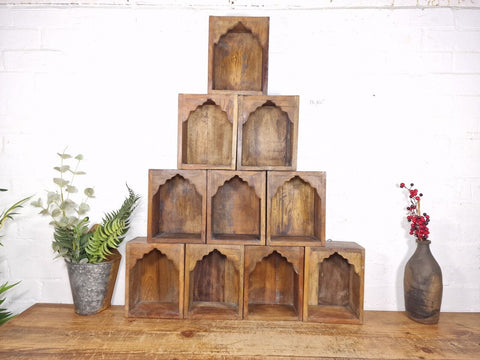 Vintage Rustic Reclaimed Indian Wooden Arched Temple Shelf Wall Display Shelves