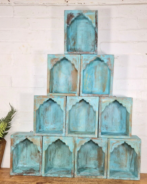 Vintage Rustic Reclaimed Indian Wooden Arched Temple Shelf Wall Display Shelves