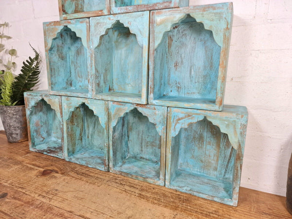 Vintage Rustic Reclaimed Indian Wooden Arched Temple Shelf Wall Display Shelves