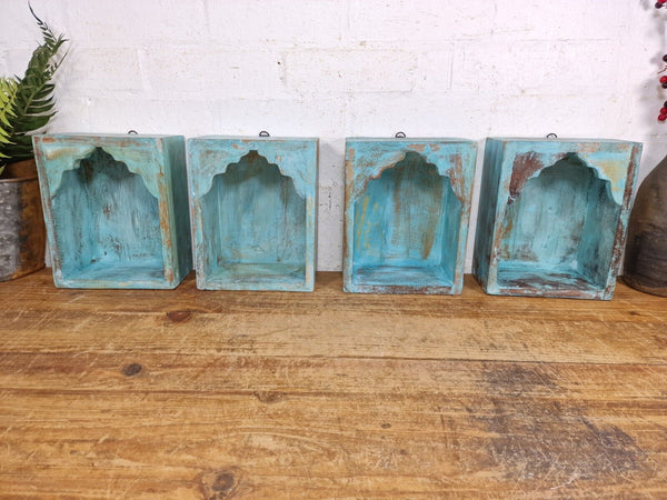 Vintage Rustic Reclaimed Indian Wooden Arched Temple Shelf Wall Display Shelves