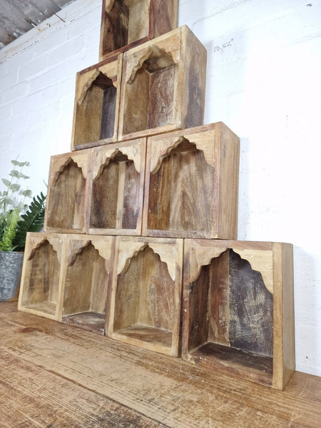 Vintage Rustic Reclaimed Indian Wooden Arched Temple Shelf Wall Display Shelves