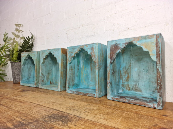 Vintage Rustic Reclaimed Indian Wooden Arched Temple Shelf Wall Display Shelves