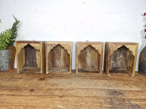 Vintage Rustic Reclaimed Indian Wooden Arched Temple Shelf Wall Display Shelves