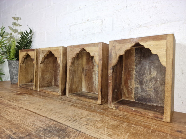 Vintage Rustic Reclaimed Indian Wooden Arched Temple Shelf Wall Display Shelves