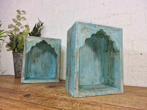 Vintage Rustic Reclaimed Indian Wooden Arched Temple Shelf Wall Display Shelves