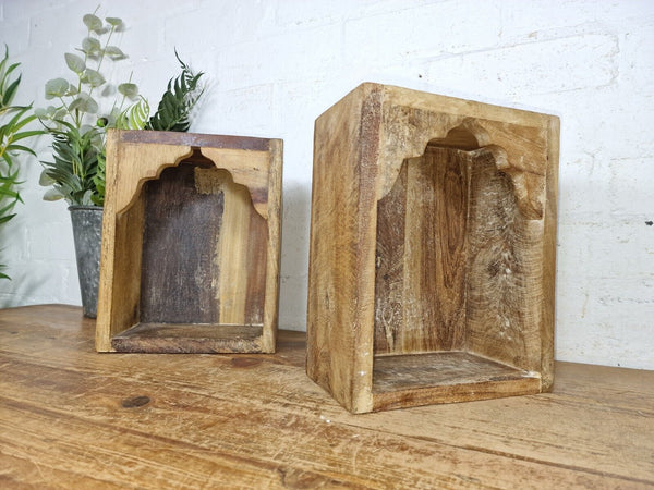 Vintage Rustic Reclaimed Indian Wooden Arched Temple Shelf Wall Display Shelves