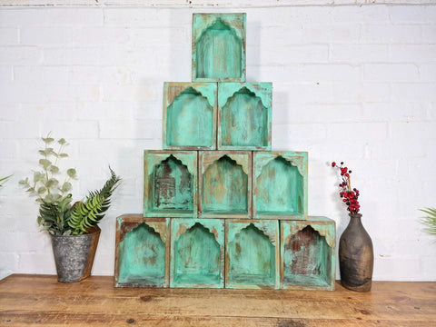 Vintage Rustic Reclaimed Indian Wooden Arched Temple Shelf Wall Display Shelves