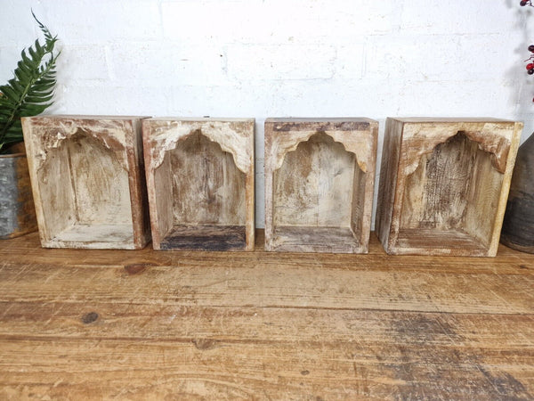 Vintage Rustic Reclaimed Indian Wooden Arched Temple Shelf Wall Display Shelves