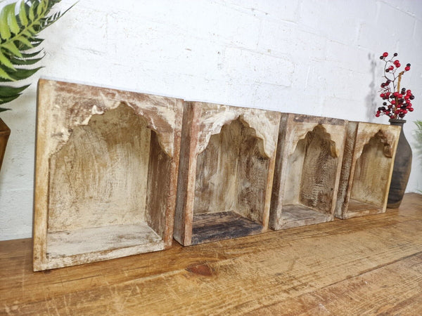 Vintage Rustic Reclaimed Indian Wooden Arched Temple Shelf Wall Display Shelves