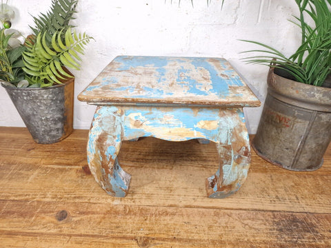 Vintage Indian Hand Made Painted Solid Wooden Side Table Plant Stand