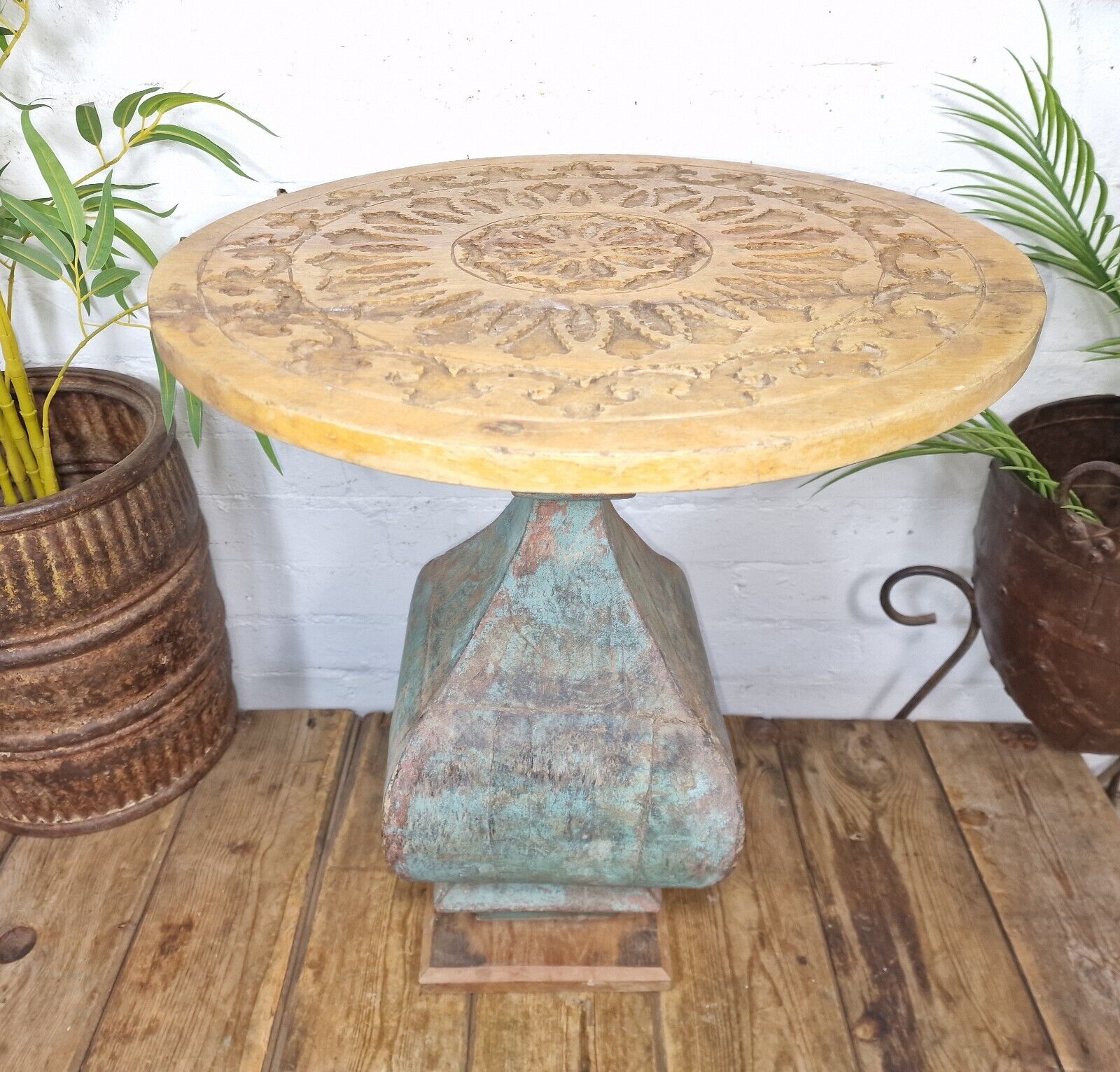 Vintage Indian Hand Carved Round solid Wooden Side Table Plant Stand