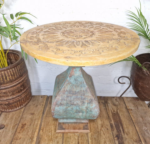 Vintage Indian Hand Carved Round solid Wooden Side Table Plant Stand