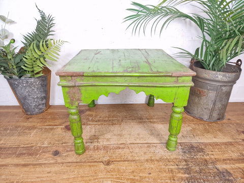 Vintage Indian Hand Made Green Painted Solid Wooden Side Table Plant Stand