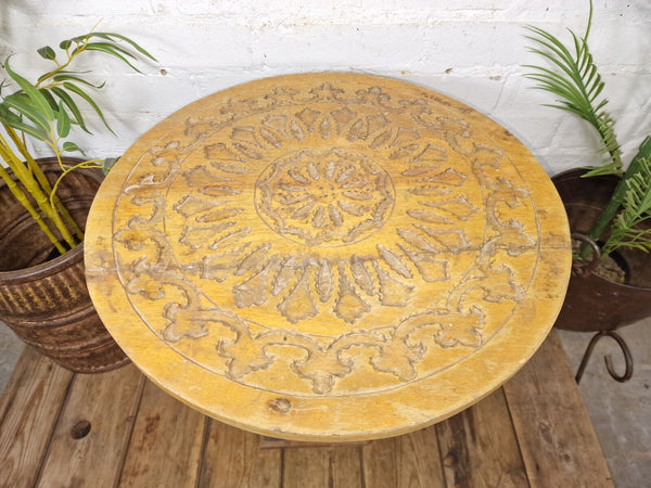 Vintage Indian Hand Carved Round solid Wooden Side Table Plant Stand