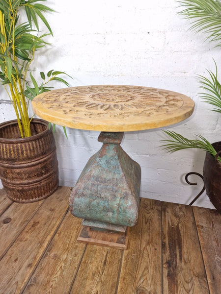 Vintage Indian Hand Carved Round solid Wooden Side Table Plant Stand