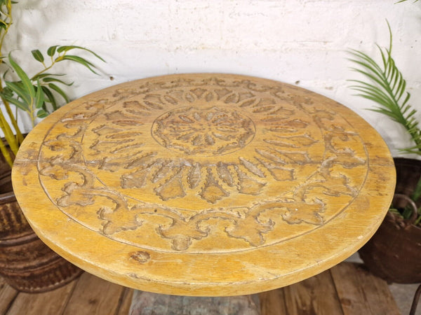 Vintage Indian Hand Carved Round solid Wooden Side Table Plant Stand