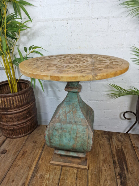 Vintage Indian Hand Carved Round solid Wooden Side Table Plant Stand