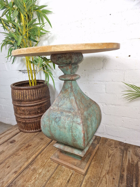 Vintage Indian Hand Carved Round solid Wooden Side Table Plant Stand