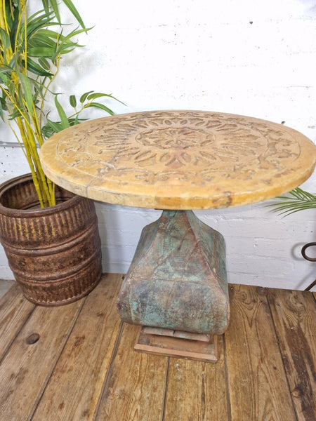 Vintage Indian Hand Carved Round solid Wooden Side Table Plant Stand