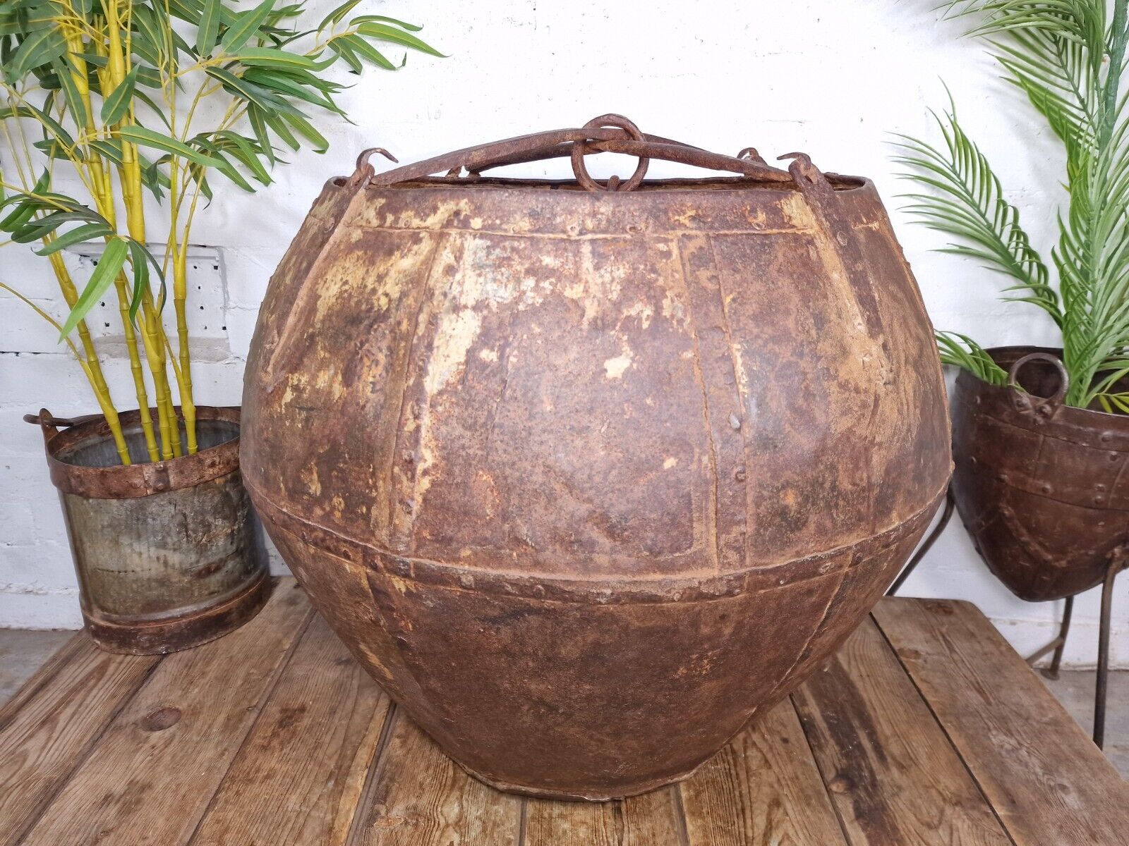 XL Large Rustic Riveted Iron Metal Well Bucket Olive Tree Garden Planter Pot