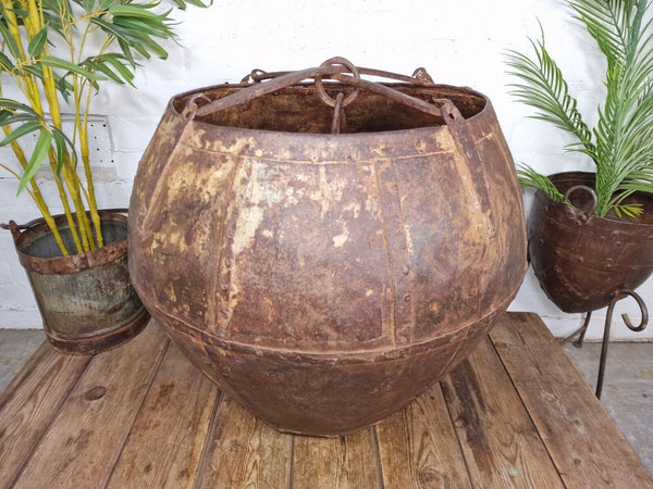 XL Large Rustic Riveted Iron Metal Well Bucket Olive Tree Garden Planter Pot