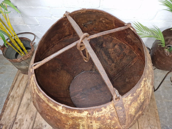 XL Large Rustic Riveted Iron Metal Well Bucket Olive Tree Garden Planter Pot
